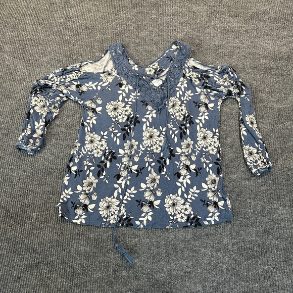 Time and Tru Tops - Time and Tru Cold Shoulder Floral Top Large Blue Crochet Lace Rayon Blend